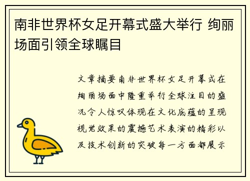 南非世界杯女足开幕式盛大举行 绚丽场面引领全球瞩目