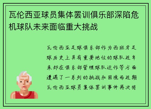 瓦伦西亚球员集体罢训俱乐部深陷危机球队未来面临重大挑战