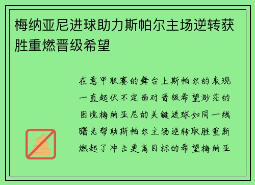 梅纳亚尼进球助力斯帕尔主场逆转获胜重燃晋级希望