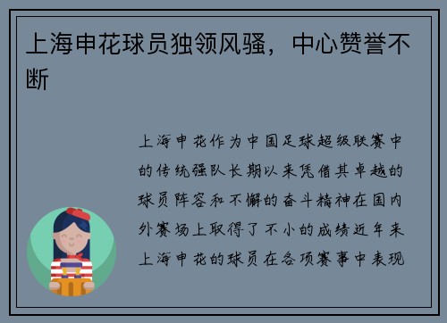 上海申花球员独领风骚,中心赞誉不断 上海申花球员独领风骚,中心赞誉不断