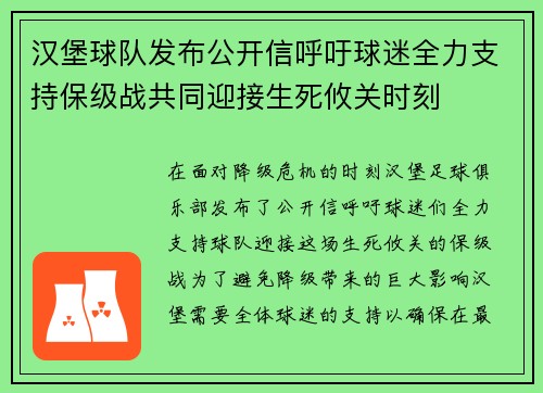 汉堡球队发布公开信呼吁球迷全力支持保级战共同迎接生死攸关时刻