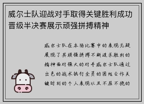 威尔士队迎战对手取得关键胜利成功晋级半决赛展示顽强拼搏精神